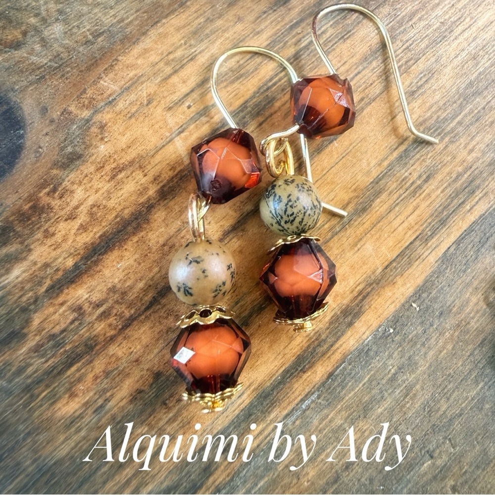 Alquimia Amber and Speckled Brown jasper Bead Dangle Earrings